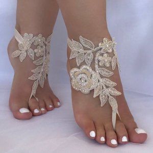 Lace Barefoot Sandals with Beads, Sequins & Pearls